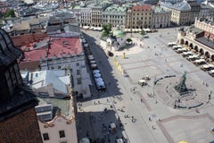 KRAKOW POLSKA, MAJ, - 29, 2016: Widok z lotu ptaka western część Główny Targowy kwadrat Krakow fotografia stock KRAKOW POLSKA, MAJ, - 29, 2016: Widok z lotu ptaka western część Główny Targowy kwadrat Krakow fotografia stock