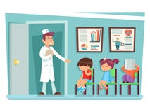 Kranke Kinder an Doktor, der auf Stuhlzeichentrickfilm-figuren sitzt, vector Illustration lizenzfreie abbildung Kranke Kinder an Doktor, der auf Stuhlzeichentrickfilm-figuren sitzt, vector Illustration lizenzfreie abbildung