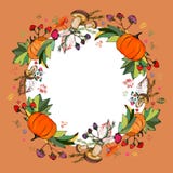 Kranz des Herbstlaubs Drucke von Blättern von verschiedenen Farben Stilvoller Herbstkranz von Blättern, Pilze, Beeren, Kürbise lizenzfreie abbildung Kranz des Herbstlaubs Drucke von Blättern von verschiedenen Farben Stilvoller Herbstkranz von Blättern, Pilze, Beeren, Kürbise lizenzfreie abbildung