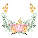 Kranz mit den Aquarell-rosa und gelben Blumen und den Grün-Blättern stock abbildung Kranz mit den Aquarell-rosa und gelben Blumen und den Grün-Blättern stock abbildung