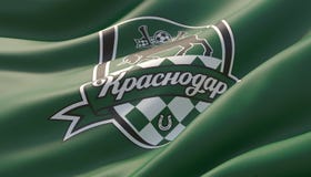 Krasnodar Ryssland -, kan 2019 Vinkat specificerade h?gt n?rbildgr?splanflaggan med emblemet av FC Krasnodar illustration 3d stock illustrationer Krasnodar Ryssland -, kan 2019 Vinkat specificerade h?gt n?rbildgr?splanflaggan med emblemet av FC Krasnodar illustration 3d stock illustrationer