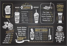 Kreda na blackboard menu projektuje set - deseru menu, rybi menu, herbata, kawa, hot dog, piwo bar ilustracja wektor Kreda na blackboard menu projektuje set - deseru menu, rybi menu, herbata, kawa, hot dog, piwo bar ilustracja wektor