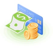 Kreditkorten, pappers- dollar, bunt av mynt Isometrisk vektor stock illustrationer Kreditkorten, pappers- dollar, bunt av mynt Isometrisk vektor stock illustrationer