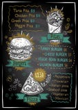Kredowy menu listy blackboard projekt dla pizzy, hamburgerów i pitas, ręka rysująca graficzna ilustracja ilustracji Kredowy menu listy blackboard projekt dla pizzy, hamburgerów i pitas, ręka rysująca graficzna ilustracja ilustracji