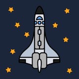 Kreskowego płaskiego koloru ikony wektorowi elementy kosmicznego programa wieloetapowa rakieta Kreskówka stylu rakieta, astronaut royalty ilustracja Kreskowego płaskiego koloru ikony wektorowi elementy kosmicznego programa wieloetapowa rakieta Kreskówka stylu rakieta, astronaut royalty ilustracja