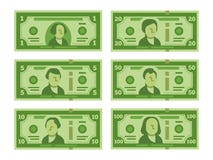 Kreskówka banknot Dolar gotówka, pieniędzy banknoty i sto dolarów rachunków, stylizowaliśmy wektorową płaską ilustrację royalty ilustracja Kreskówka banknot Dolar gotówka, pieniędzy banknoty i sto dolarów rachunków, stylizowaliśmy wektorową płaską ilustrację royalty ilustracja