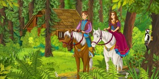 Kreskówki chłopiec i dziewczyny jazda na białym koniu - princess lub królowa ilustracja wektor Kreskówki chłopiec i dziewczyny jazda na białym koniu - princess lub królowa ilustracja wektor