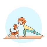 Kreskówki psi beagle z dziewczyną robi joga royalty ilustracja Kreskówki psi beagle z dziewczyną robi joga royalty ilustracja
