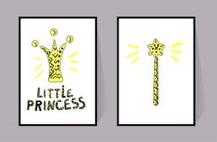 Krona, liten prinsessa och trollspö Två affischer gul färg och svart linje Vektordekoruppsättning för flicka akvareller för drawh vektor illustrationer Krona, liten prinsessa och trollspö Två affischer gul färg och svart linje Vektordekoruppsättning för flicka akvareller för drawh vektor illustrationer