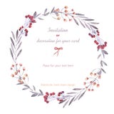 Kroon (cirkelkader) van de bessen, de takken en de bloemen, hand in een waterverf op een witte achtergrond wordt getrokken die vector illustratie Kroon (cirkelkader) van de bessen, de takken en de bloemen, hand in een waterverf op een witte achtergrond wordt getrokken die vector illustratie