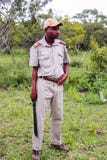 Kruger nationalpark, Sydafrika - 2011: Safarihandbok som rymmer en machete royaltyfri foto Kruger nationalpark, Sydafrika - 2011: Safarihandbok som rymmer en machete royaltyfri foto