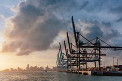 Kräne des Hafens von Miami und der Skyline von im Stadtzentrum gelegenem Miami an der Sonne stockbild Kräne des Hafens von Miami und der Skyline von im Stadtzentrum gelegenem Miami an der Sonne stockbild