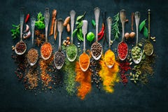 Kräuter und Gewürze für das Kochen auf dunklem Hintergrund Kräuter und Gewürze für das Kochen auf dunklem Hintergrund