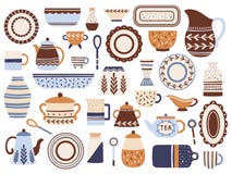 Kuchenny crockery Ceramiczny cookware, porcelan filiżanki i glassware, zgrzytamy Kuchennego tableware rzeczy wektoru odosobniony ilustracji Kuchenny crockery Ceramiczny cookware, porcelan filiżanki i glassware, zgrzytamy Kuchennego tableware rzeczy wektoru odosobniony ilustracji