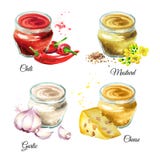 Kumberland ustawia 2 Chili, musztarda, czosnek, ser Akwareli ręka rysująca ilustracja, odizolowywająca na białym tle ilustracji Kumberland ustawia 2 Chili, musztarda, czosnek, ser Akwareli ręka rysująca ilustracja, odizolowywająca na białym tle ilustracji