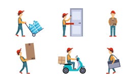 Kuriren eller leveransmän ställde in, arbetare som levererar vattenflaskor, pizza, boxas, jordlotter, uttryckligt hemsändningbegr royaltyfri illustrationer Kuriren eller leveransmän ställde in, arbetare som levererar vattenflaskor, pizza, boxas, jordlotter, uttryckligt hemsändningbegr royaltyfri illustrationer