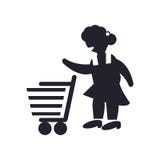 Kvinna med tecknet och symbol för vektor för symbol för shoppingvagn som isoleras på stock illustrationer Kvinna med tecknet och symbol för vektor för symbol för shoppingvagn som isoleras på stock illustrationer