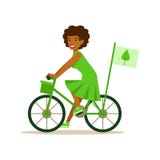Kvinna på cykeln genom att använda grönt trans. som bidrar in i miljöbevarande, genom att använda Eco-vänskapsmatch vägar stock illustrationer Kvinna på cykeln genom att använda grönt trans. som bidrar in i miljöbevarande, genom att använda Eco-vänskapsmatch vägar stock illustrationer