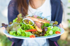 Kvinna som rymmer en platta av laxsallad royaltyfri foto Kvinna som rymmer en platta av laxsallad royaltyfri foto