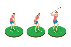Kvinna som spelar golf, isometrisk illustration för vektor 3d Golfgungaetapper, isolerade designbeståndsdelar royaltyfri illustrationer Kvinna som spelar golf, isometrisk illustration för vektor 3d Golfgungaetapper, isolerade designbeståndsdelar royaltyfri illustrationer
