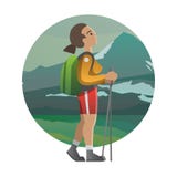 Kvinnafotvandrare Trekking och att fotvandra och att klättra och att resa Vektorillus stock illustrationer Kvinnafotvandrare Trekking och att fotvandra och att klättra och att resa Vektorillus stock illustrationer