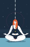 Kvinnan med stängda ögon och sju chakras av olika färger sitter i yogaposition och mediterar mot blå bakgrund Begrepp vektor illustrationer Kvinnan med stängda ögon och sju chakras av olika färger sitter i yogaposition och mediterar mot blå bakgrund Begrepp vektor illustrationer