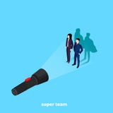 Kvinnan och mannen i en affärsdräkt gjuter skuggan av en superhero i ljuset av en ficklampa royaltyfri illustrationer Kvinnan och mannen i en affärsdräkt gjuter skuggan av en superhero i ljuset av en ficklampa royaltyfri illustrationer