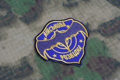 KYIV, УКРАИНА - 16-ое июля 2015 Украина \ „значок военной разведки s равномерный на закамуфлированной форме стоковая фотография rf KYIV, УКРАИНА - 16-ое июля 2015 Украина \ „значок военной разведки s равномерный на закамуфлированной форме стоковая фотография rf