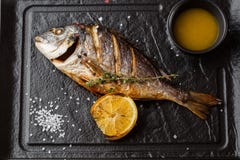 Köstliche gegrillte dorado oder Seebrassenfische mit Zitronenscheiben, Gewürze, Rosmarin auf dunklem Stein Gegrillter Seefisch mi lizenzfreies stockbild Köstliche gegrillte dorado oder Seebrassenfische mit Zitronenscheiben, Gewürze, Rosmarin auf dunklem Stein Gegrillter Seefisch mi lizenzfreies stockbild