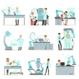 Künstliche Intelligenz, neue Technologien stellte, die Wissenschaftler ein, die im Labor mit Robotermaschinenvektor arbeiten stock abbildung Künstliche Intelligenz, neue Technologien stellte, die Wissenschaftler ein, die im Labor mit Robotermaschinenvektor arbeiten stock abbildung