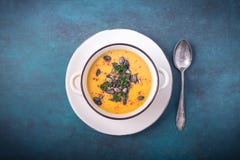 Kürbissuppe mit Kürbiskernen und Paprikapfeffern stockbilder Kürbissuppe mit Kürbiskernen und Paprikapfeffern stockbilder