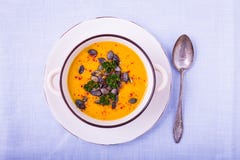 Kürbissuppe mit Kürbiskernen und Paprikapfeffern stockfotos Kürbissuppe mit Kürbiskernen und Paprikapfeffern stockfotos