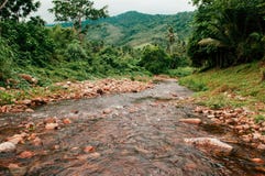 L'acqua corrente del fiume tropicale, rocce abbellisce e foresta in tailandese immagine stock L'acqua corrente del fiume tropicale, rocce abbellisce e foresta in tailandese immagine stock
