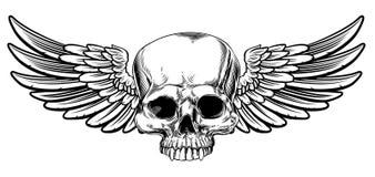 L'annata alata del cranio ha inciso lo stile dell'intaglio in legno illustrazione di stock L'annata alata del cranio ha inciso lo stile dell'intaglio in legno illustrazione di stock
