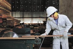 l'annata ha tonificato l'immagine Giovane carpentiere professionista con l'attrezzatura di sicurezza che taglia un pezzo di legno fotografia stock l'annata ha tonificato l'immagine Giovane carpentiere professionista con l'attrezzatura di sicurezza che taglia un pezzo di legno fotografia stock