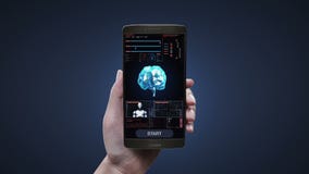 L'application émouvante d'intelligence artificielle sur l'écran mobile et intelligent de téléphone, cerveau de polygone, relient illustration libre de droits L'application émouvante d'intelligence artificielle sur l'écran mobile et intelligent de téléphone, cerveau de polygone, relient illustration libre de droits