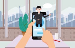 L'assistant en ligne de concept, mains tiennent le smartpnone, le client et l'opérateur, centre d'appel, le support technique glo illustration stock L'assistant en ligne de concept, mains tiennent le smartpnone, le client et l'opérateur, centre d'appel, le support technique glo illustration stock