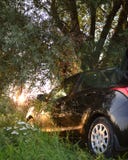 L'automobile è nera in natura nei raggi del tramonto fotografia stock L'automobile è nera in natura nei raggi del tramonto fotografia stock