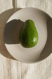 L'avocat mûr entier vert se trouve d'un plat en céramique gris au soleil Un avocat est sur un tapis naturel beige dans une lumièr images stock L'avocat mûr entier vert se trouve d'un plat en céramique gris au soleil Un avocat est sur un tapis naturel beige dans une lumièr images stock