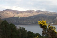L'eau de Derwent : lac et montagnes, avec l'ajonc jaune photos stock L'eau de Derwent : lac et montagnes, avec l'ajonc jaune photos stock
