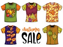 L'ensemble de T-shirts de calibres pour les hommes et la femme avec l'automne conçoivent illustration stock L'ensemble de T-shirts de calibres pour les hommes et la femme avec l'automne conçoivent illustration stock