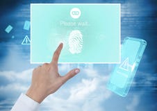 L'identité émouvante de main vérifient l'interface mobile de l'empreinte digitale APP photographie stock libre de droits L'identité émouvante de main vérifient l'interface mobile de l'empreinte digitale APP photographie stock libre de droits