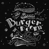 L'illustration d'un hamburger dessiné dans la craie sur un conseil noir, a étendu dans des composants illustration libre de droits L'illustration d'un hamburger dessiné dans la craie sur un conseil noir, a étendu dans des composants illustration libre de droits
