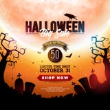 L'illustration de bannière de vente de Halloween avec la lune, la corneille et le vol manie la batte sur le fond orange de ciel n illustration libre de droits L'illustration de bannière de vente de Halloween avec la lune, la corneille et le vol manie la batte sur le fond orange de ciel n illustration libre de droits