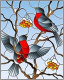 L'illustration en verre souillé avec une paire de bouvreuils d'oiseaux sur la cendre de montagne couverte de neige s'embranche av illustration stock L'illustration en verre souillé avec une paire de bouvreuils d'oiseaux sur la cendre de montagne couverte de neige s'embranche av illustration stock