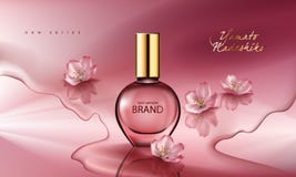 l'illustrazione di un profumo realistico di stile in una bottiglia di vetro su un fondo rosa con sakura fiorisce illustrazione vettoriale l'illustrazione di un profumo realistico di stile in una bottiglia di vetro su un fondo rosa con sakura fiorisce illustrazione vettoriale
