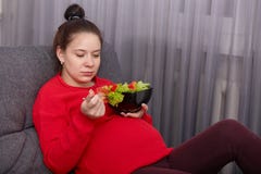 L'image de la dame enceinte de brune adorable a plaisir à manger de la salade fraîche, a le bon appétit, étant en appartement image libre de droits L'image de la dame enceinte de brune adorable a plaisir à manger de la salade fraîche, a le bon appétit, étant en appartement image libre de droits