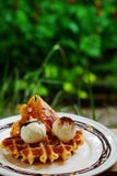 L'insieme saporito del gelato alla vaniglia e della cialda è servito con la glassa dello zucchero della banana completata con la Fotografia Stock Libera da Diritti L'insieme saporito del gelato alla vaniglia e della cialda è servito con la glassa dello zucchero della banana completata con la Fotografia Stock Libera da Diritti