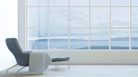 L'intérieur moderne de la vue d'océan de salon avec le fauteuil foncé et le velours/3d rendent l'image illustration de vecteur L'intérieur moderne de la vue d'océan de salon avec le fauteuil foncé et le velours/3d rendent l'image illustration de vecteur