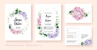L'invito di nozze, conserva la data, grazie, modello di progettazione di carta del rsvp Vettore fiori dell'ortensia, piante dell' illustrazione di stock L'invito di nozze, conserva la data, grazie, modello di progettazione di carta del rsvp Vettore fiori dell'ortensia, piante dell' illustrazione di stock